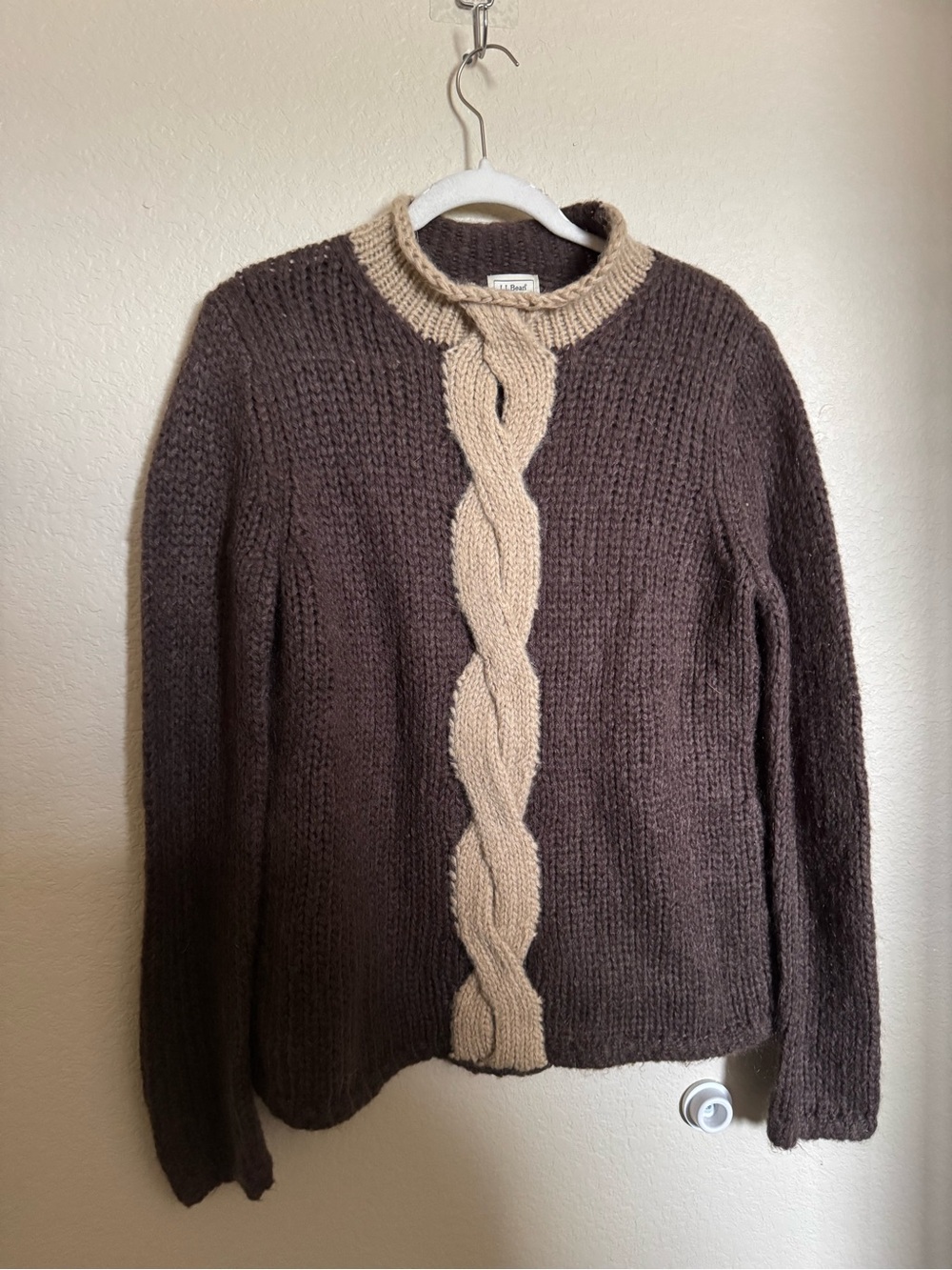 Vintage Mohair L.L. Bean Cable Knit Roll Neck Sweater Sz M Brown Cream Cabincore